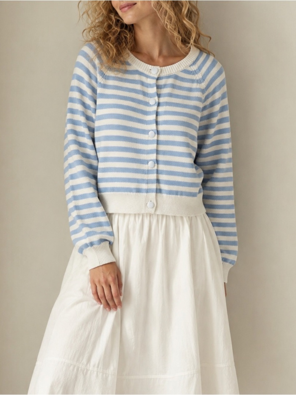 NWOT 100% Cotton White & Blue Button-Down Cardigan